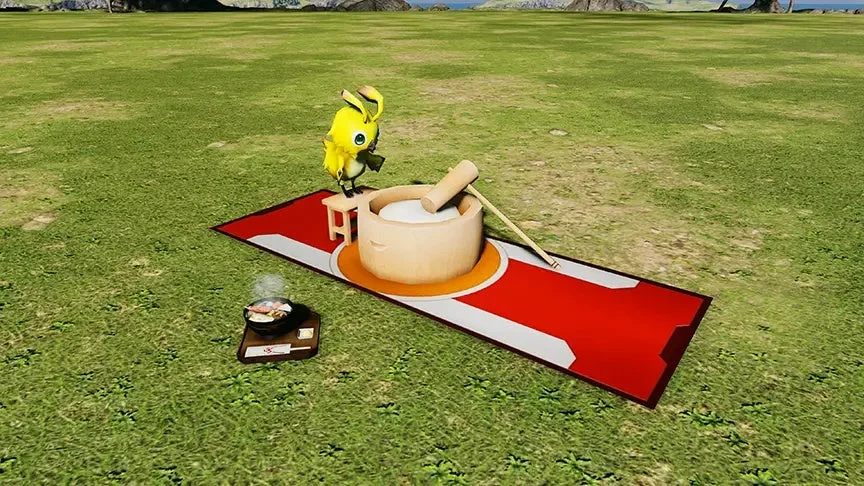 黄色いファンタジーキャラクターが草原で餅つきをしている様子