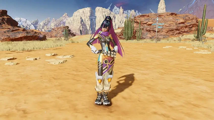 砂漠のような荒野でポーズをとる未来的な衣装の女性キャラクター