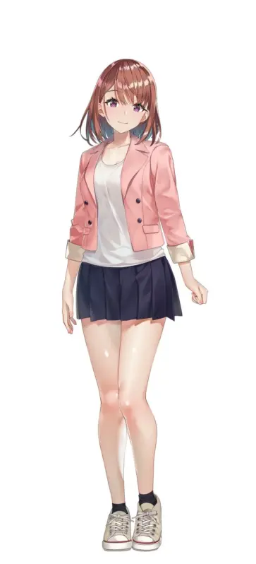 ピンクのブレザーと紺色のプリーツスカートを着用し、笑顔を浮かべたアニメ風の若い女性の全身イラスト。カジュアルながらも清潔感のある服装で、親しみやすい印象を与えます。