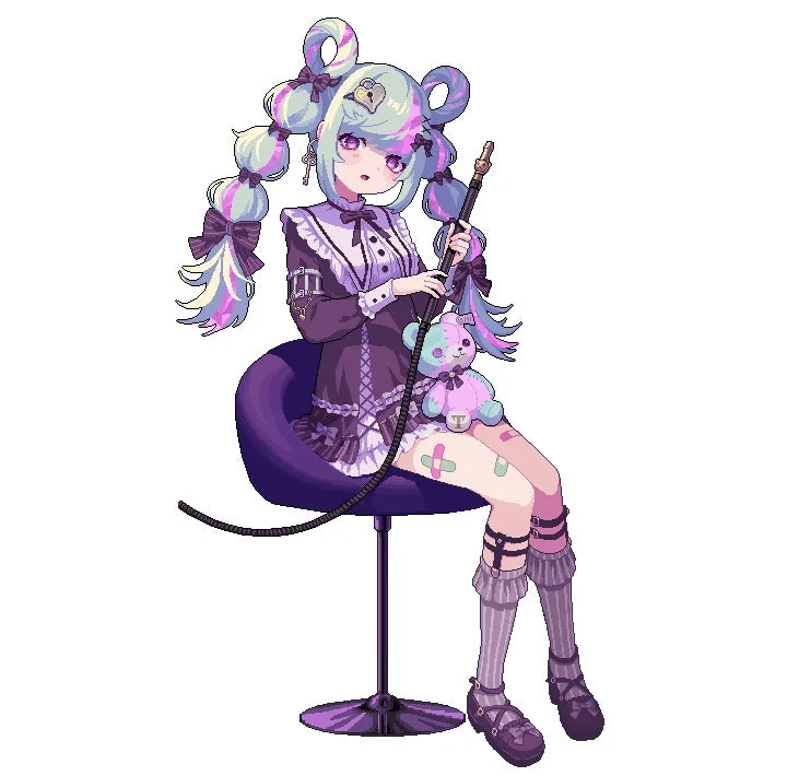 パステルカラーのツインテールを持つアニメ風の少女が、紫の椅子に座り、パイプを手にしているピクセルアート。