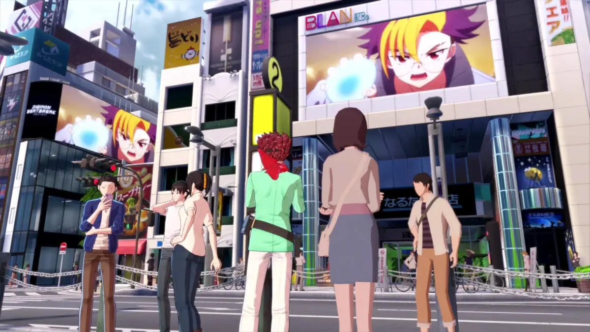 ゲーム内の東新宿・秋葉原にDIGIMON BEATBREAKの映像やポスターが出現する様子