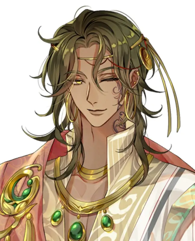 オリーブ色の肌と暗い緑の髪を持つ男性キャラクターがウィンクしているアニメ風のイラスト