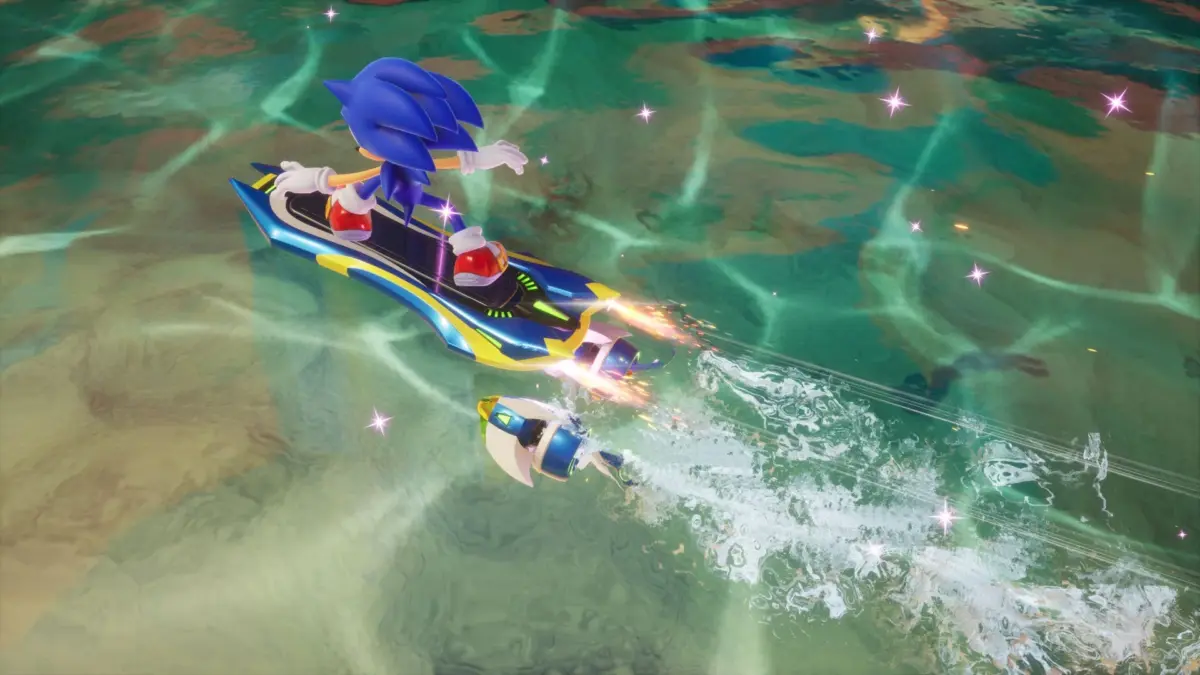 ソニックが水上を高速で滑走する様子