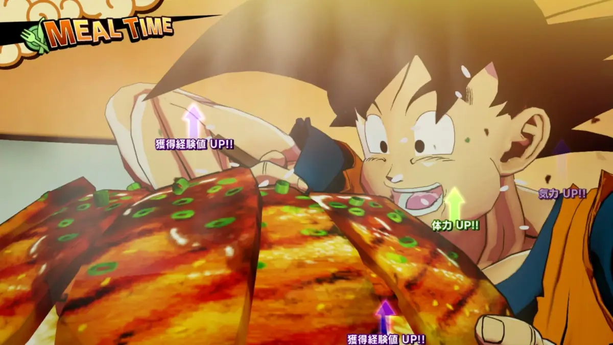 「ドラゴンボール」の孫悟空が、ゲーム画面で大量の食事を美味しそうに食べているシーン。