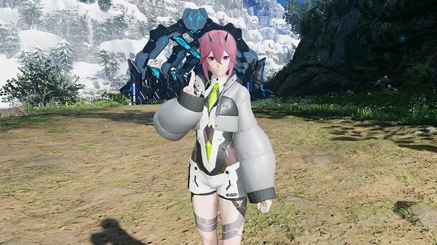 3Dキャラクター,ゲーム,PSO2NGS,アニメ風,ピンク髪,角,SF,未来,雪山,荒野,男性,ポーズ,サイバー,テックウェア