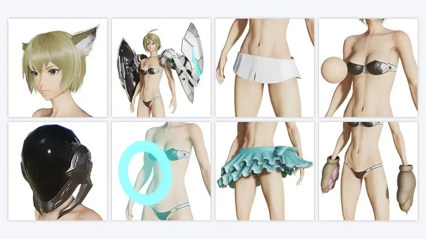 3Dアニメ風女性キャラクターモデルの多様なバリエーションを8枚のパネルで紹介。猫耳、メカ、水着、スカート、ヘルメット、グローブなど、様々な衣装やアクセサリーが示されています