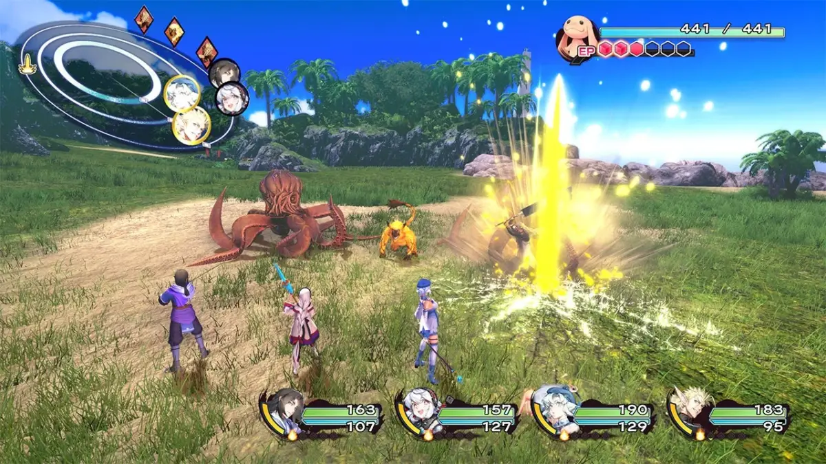 RPG,ゲーム,戦闘,ファンタジー,キャラクター,モンスター,3Dグラフィック,アニメ風,屋外,スキル,エフェクト,UI