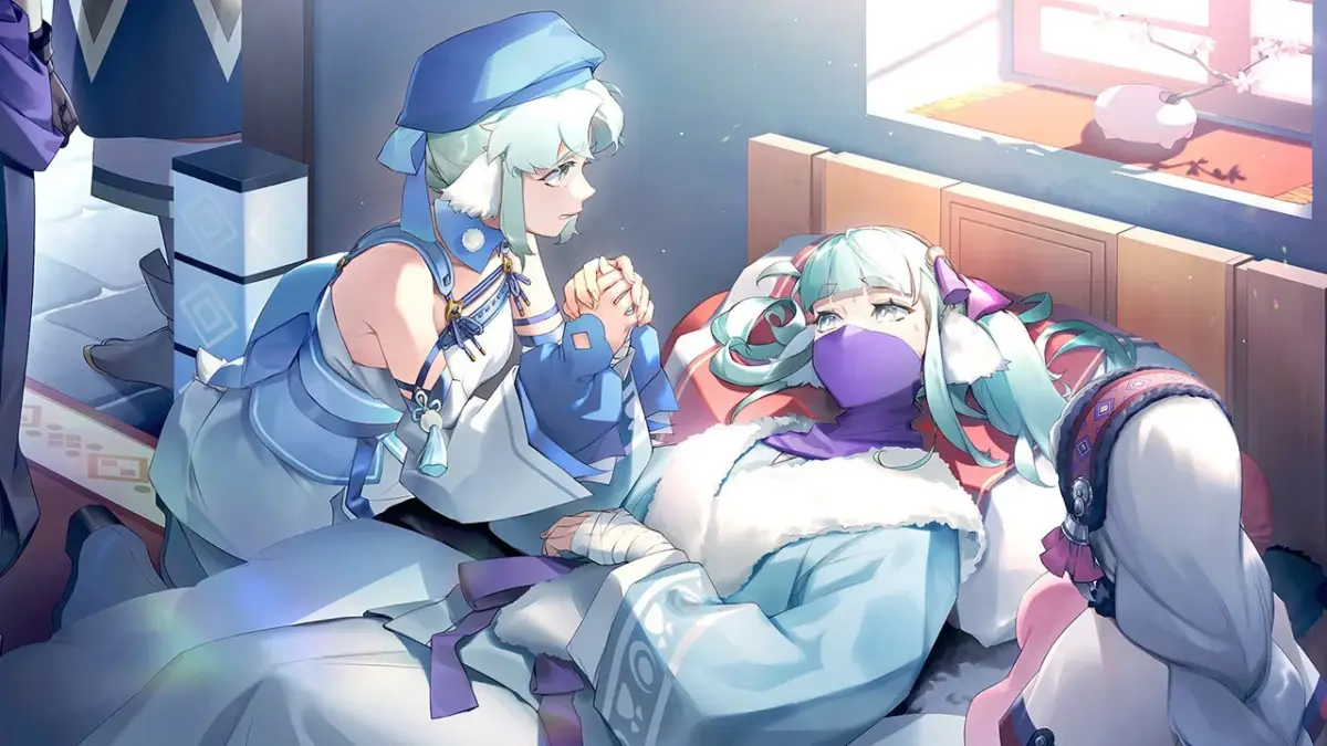 アニメ,女の子,看病,負傷,支え合い,室内,和風,桜,ファンタジー,感情,寄り添う,青,白,紫