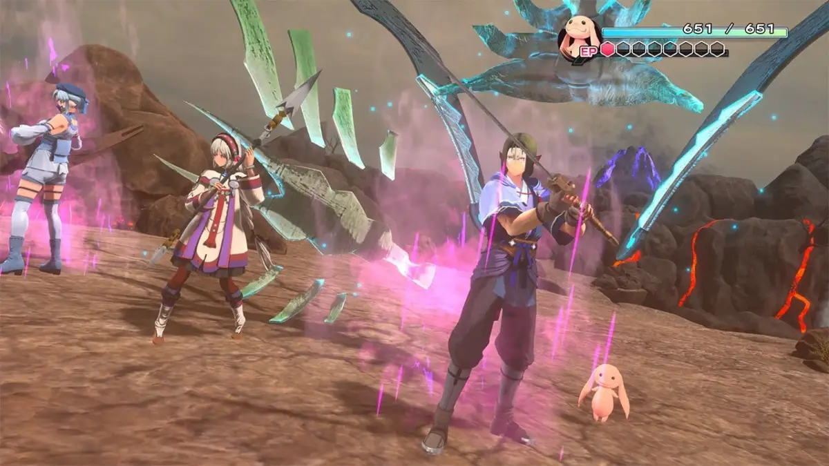 ビデオゲーム,RPG,ファンタジー,戦闘,キャラクター,弓,魔法,荒野,ボス戦,アニメ風,モンスター,ウサギ