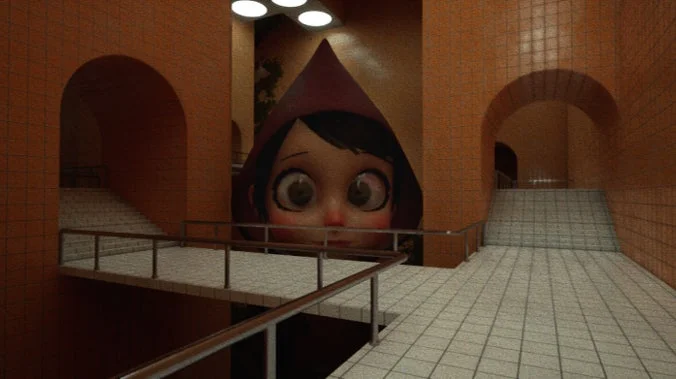 巨大な少女が建物から見つめるシュールな画像