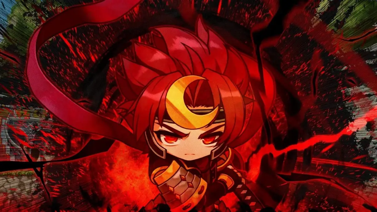 アニメ,キャラクター,赤い髪,戦闘,ファンタジー,ゲーム,月のシンボル,怒り,激しいエフェクト,ダークファンタジー