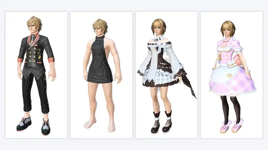 ゲームのアバターと思われる4体のキャラクターが、それぞれ異なる衣装を着用して並んでいます