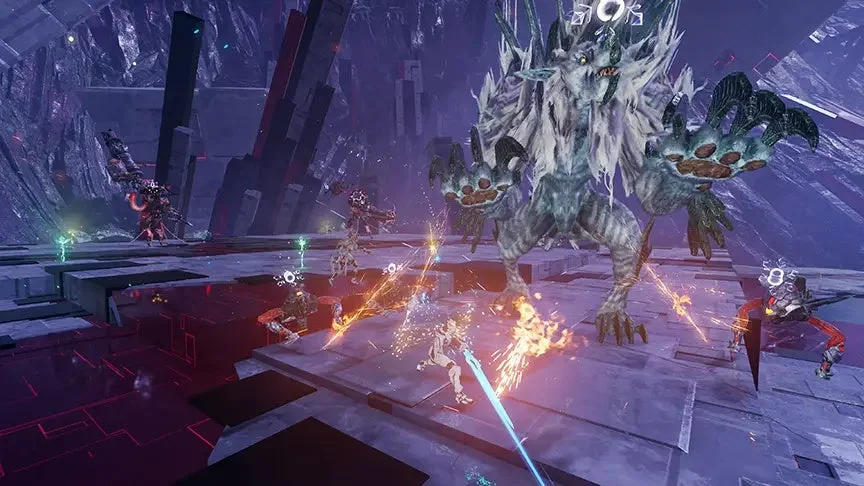 テレビゲーム,アクション,戦闘,モンスター,ボス戦,SF,ファンタジー,複数人プレイ,エフェクト,攻撃,アリーナ,未来世界,巨大生物