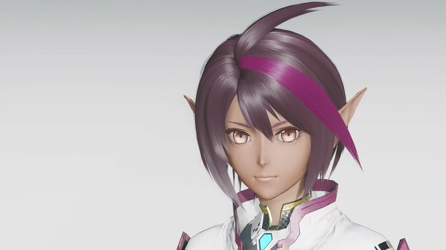 アニメキャラクター,ゲームキャラクター,エルフ,尖った耳,紫髪,マゼンタ,3Dモデル,SF,ファンタジー,ポートレート,キャラクターデザイン