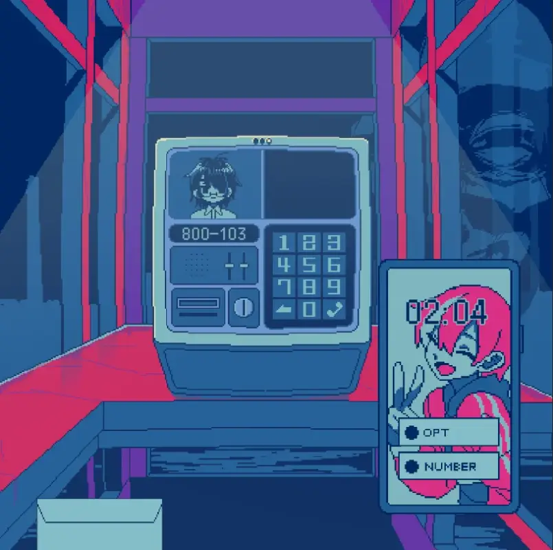 ピクセルアートで描かれた、大型の通信機器とスマートフォンが並ぶシーン。通信機器には「800-103」と数字キーパッドが表示され、スマートフォンには「02:04」の時刻と笑顔のキャラクター、そして「OPT」「NUMBER」の選択肢が見える。全体的に青と紫を基調とした暗い雰囲気のアートワークです。