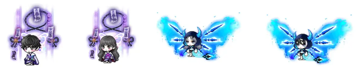 メイプルストーリー,チビキャラ,アバター,和風,魔法,ファンタジー,紫色,青色,エフェクト,キャラクター,ゲーム,男女,翼,杖,着物,天雨,白夜