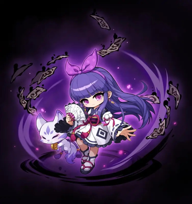 ちびキャラ, アニメ, ゲーム, ファンタジー, 和風, 紫, キツネ, 扇子, 神秘的, 可愛い, メイプルストーリー, 女性キャラクター, 魔法, 呪符