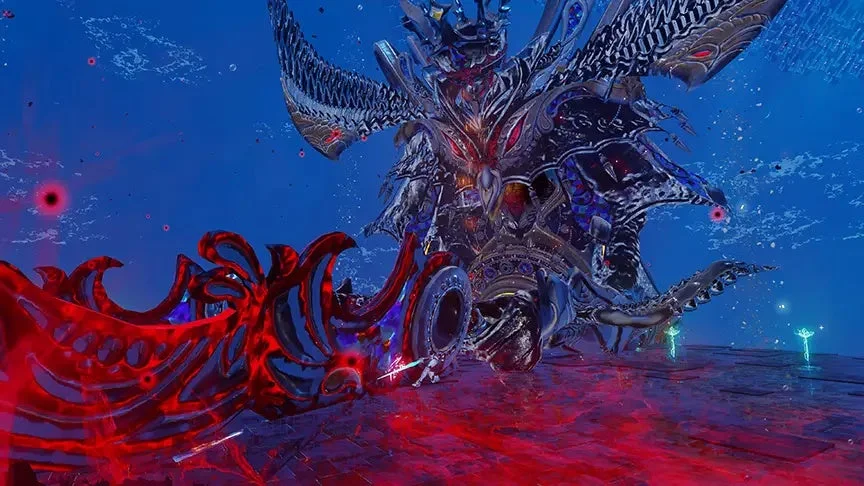 ビデオゲーム,ファンタジー,ボス戦,クリーチャー,モンスター,ダークファンタジー,青空,赤い液体,発光エフェクト,壮大