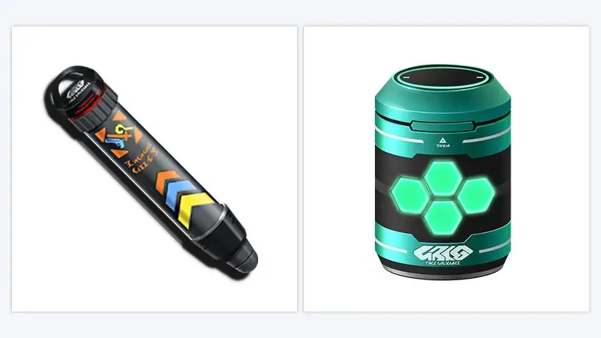 未来的なデザインの2つのアイテムが並んでいます。左は「Zacius G.I.L.L.E.Y.」と書かれたカラフルなカプセル型、右は「CRIS」と光る六角形が特徴のエネルギーセル型です