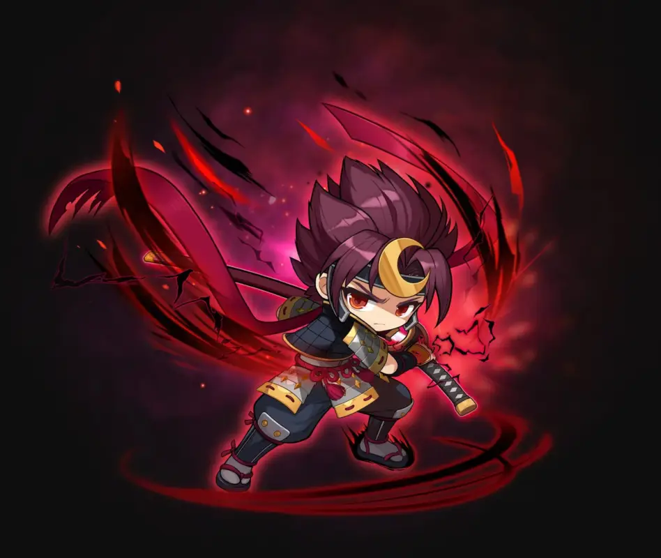 ちびキャラ, 和風, サムライ, 忍者, 刀, アクション, ゲームキャラクター, ファンタジー, 赤, 男性, イラスト, 戦闘, エフェクト, ダーク