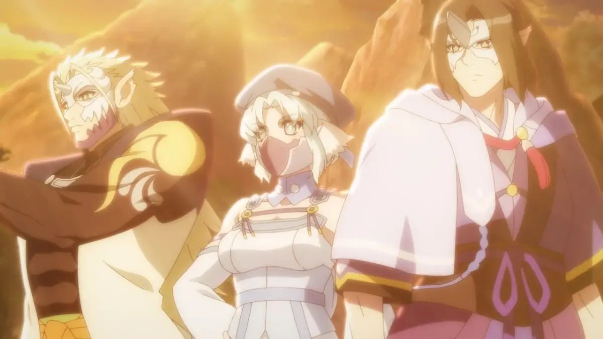 アニメ,ファンタジー,キャラクター,仮面,マスク,異世界,男女三人組,夕焼け,白髪,金髪,長髪,獣耳