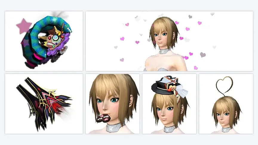 ブロンドヘアの3Dアニメ調女性キャラクターが、様々なポーズやアクセサリーを付けている様子、および奇妙なアイテムが複数パネルにわたって描かれた画像