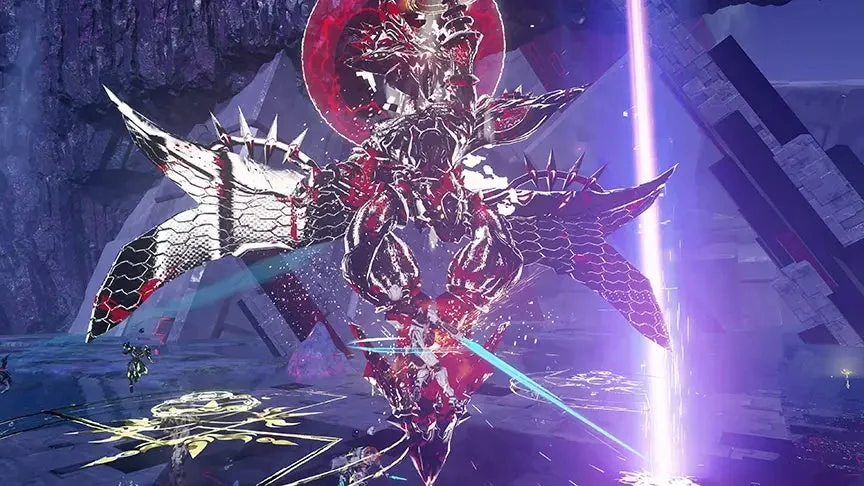 ゲーム,ボス戦,SF,ファンタジー,巨大生物,ロボット,アクション,戦闘,モンスター,赤,黒,紫