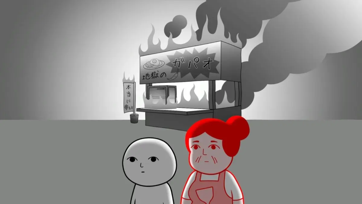 炎上するガパオライス屋台を見つめるキャラクター