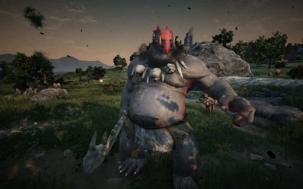 赤く光る目を持つ巨大なモンスターが、骨や角のような武器を持って草原に立っている。