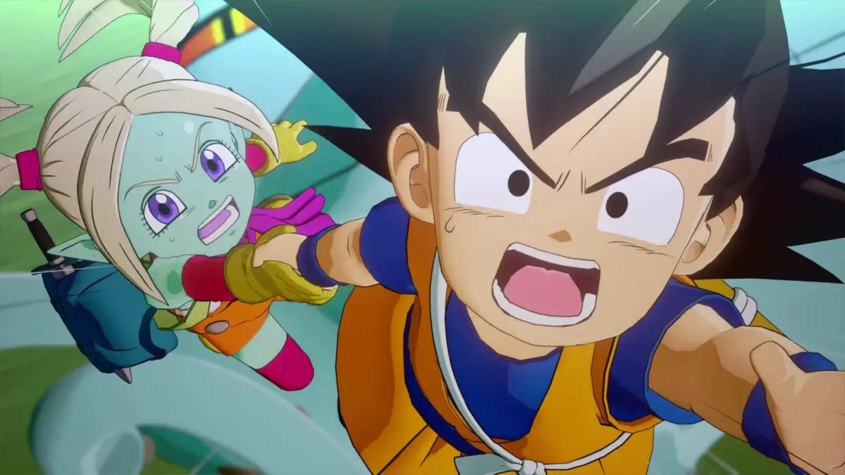ドラゴンボール風の少年キャラクターが、緑色の肌の少女の手を引いて、驚いたような表情で空を飛んでいる場面。