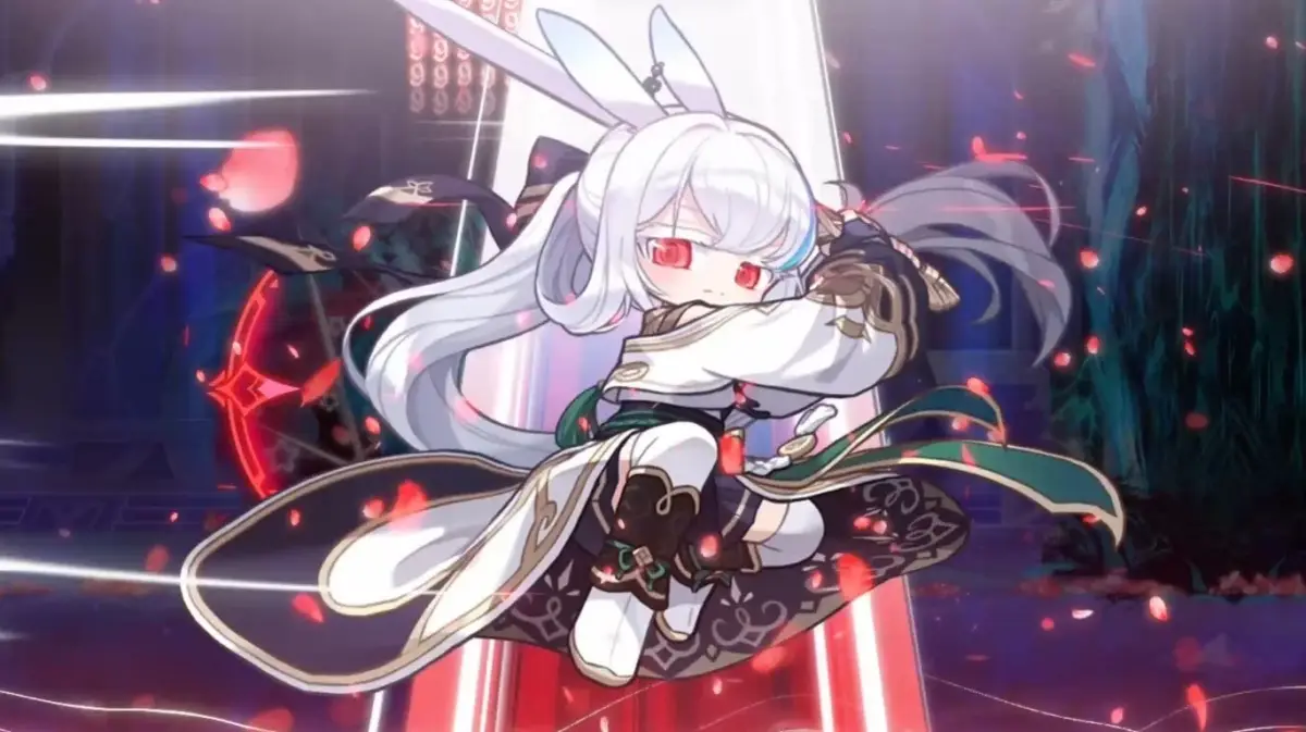 アニメキャラクター,少女,ちびキャラ,ウサ耳,白髪,赤目,和風,ファンタジー,戦闘,イラスト,ゲーム,可愛い,刀剣,エフェクト