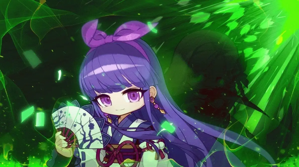 アニメ,キャラクター,少女,紫髪,和服,扇子,緑,ファンタジー,かわいい,イラスト