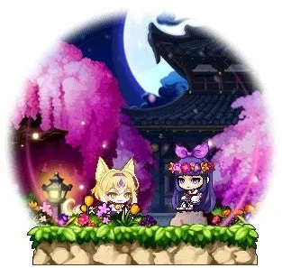 ファンタジー,ゲーム,キャラクター,桜,月,夜景,和風建築,キツネ耳,可愛い,イラスト,メイプルストーリー風