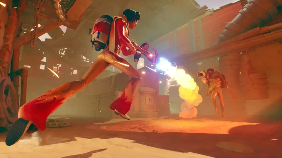 ジェットパックを背負ったキャラクターの戦闘シーン