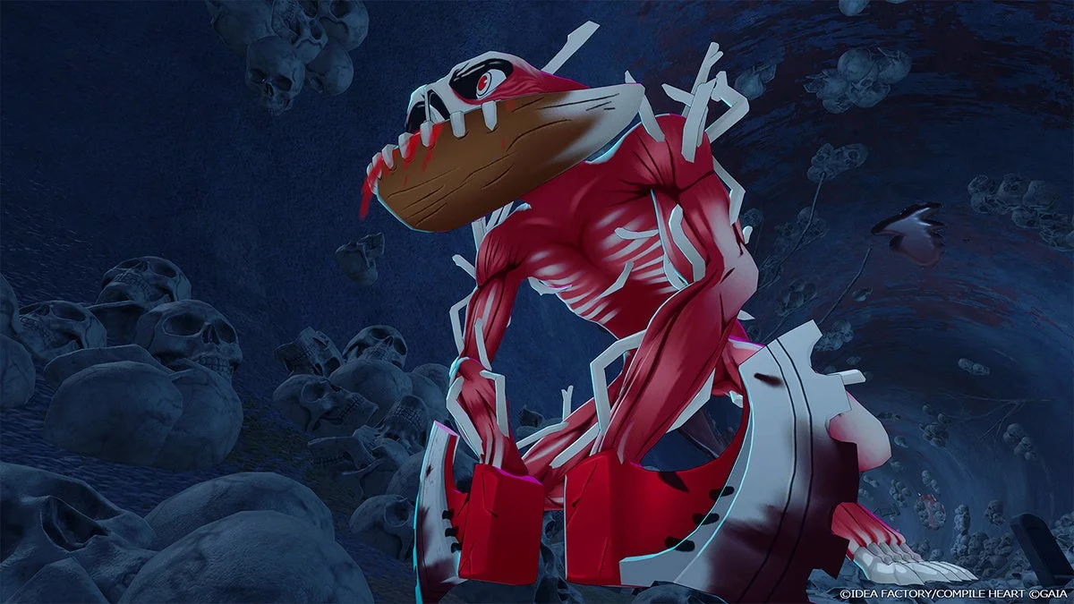 無数の骸骨が散乱する暗い洞窟のような空間に、赤い筋肉組織と骨格がむき出しになったような不気味なクリーチャーが立つ、ダークな雰囲気のゲーム画面。