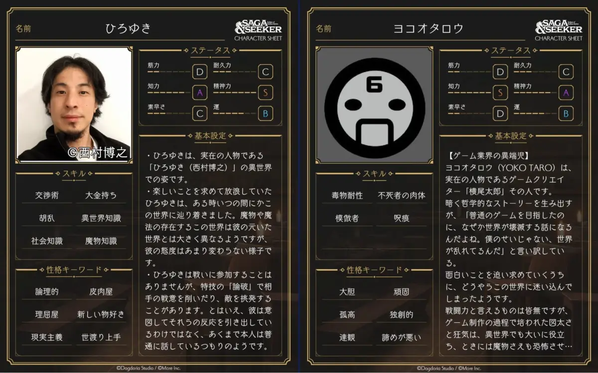 実在の人物「ひろゆき」とゲームクリエイター「ヨコオタロウ」をモデルにした異世界キャラクターシート。