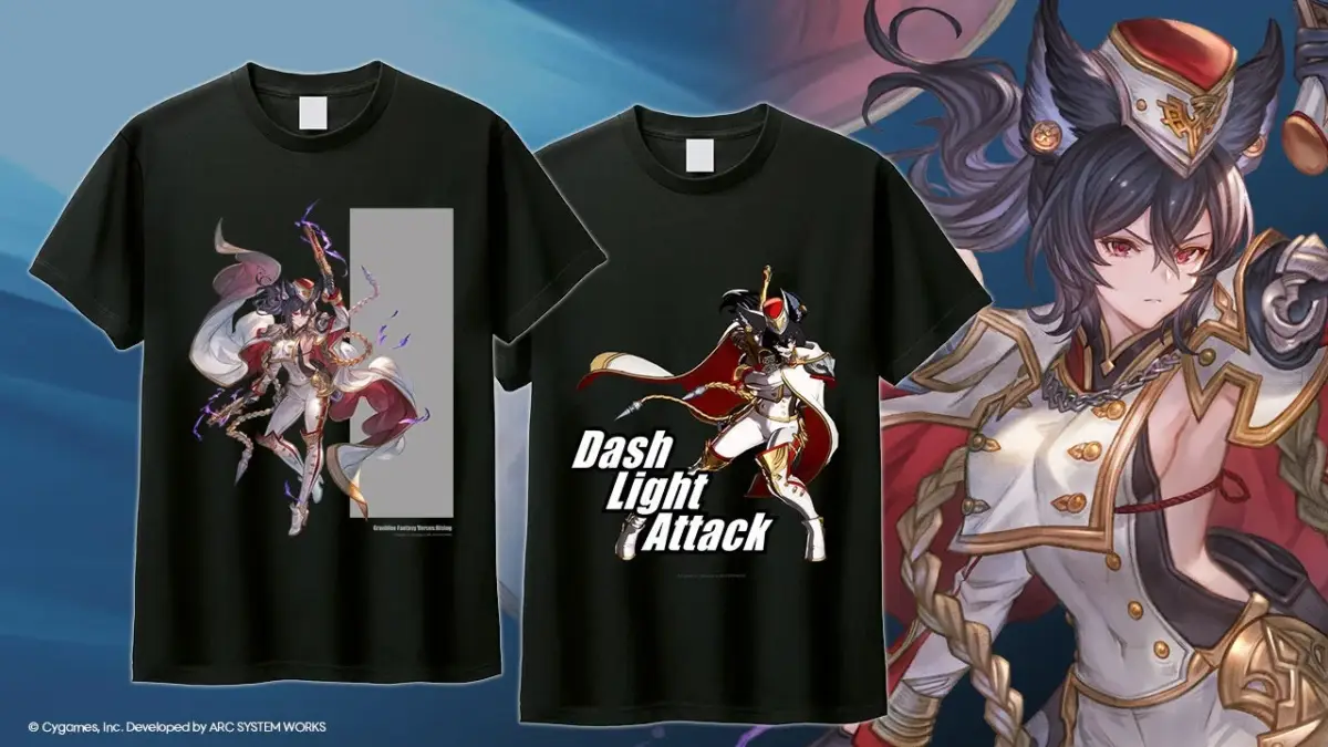 グランブルーファンタジー ヴァーサス:ライジングのキャラクターがデザインされた黒いTシャツ2枚と、キャラクターのクローズアップ画像です。ゲームのグッズとして販売されているTシャツのプロモーション画像と見られます。