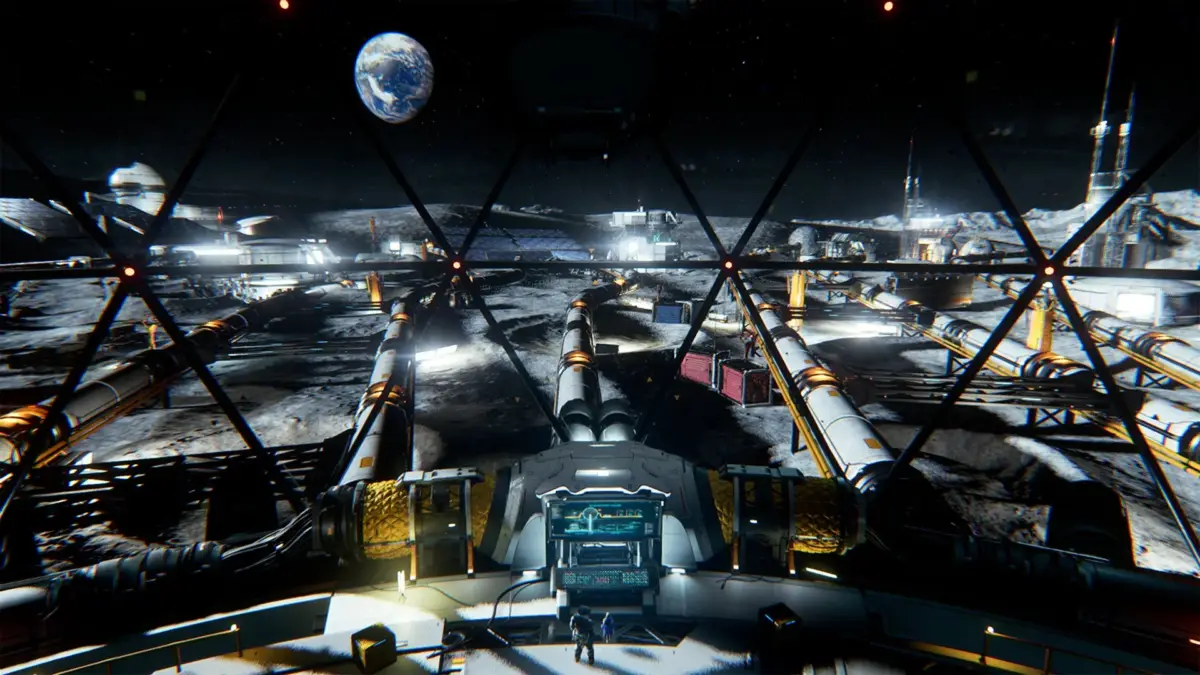 月面基地の内部から地球を望む