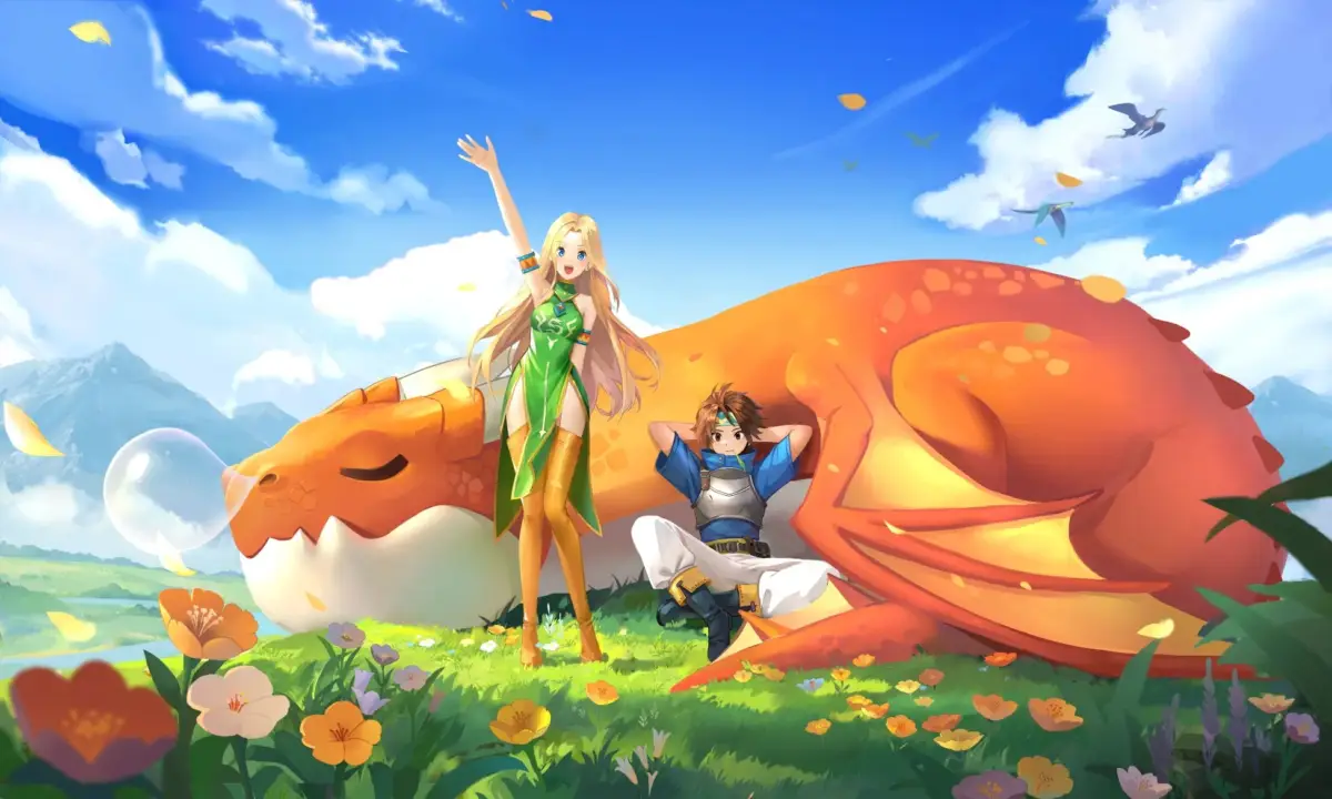 晴れた日の美しい草原で、大きなオレンジ色のドラゴンと男女のキャラクターが穏やかにくつろいでいるファンタジーイラスト