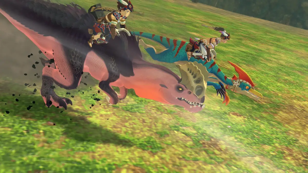 恐竜のようなモンスターに乗って草原を疾走するキャラクターたち