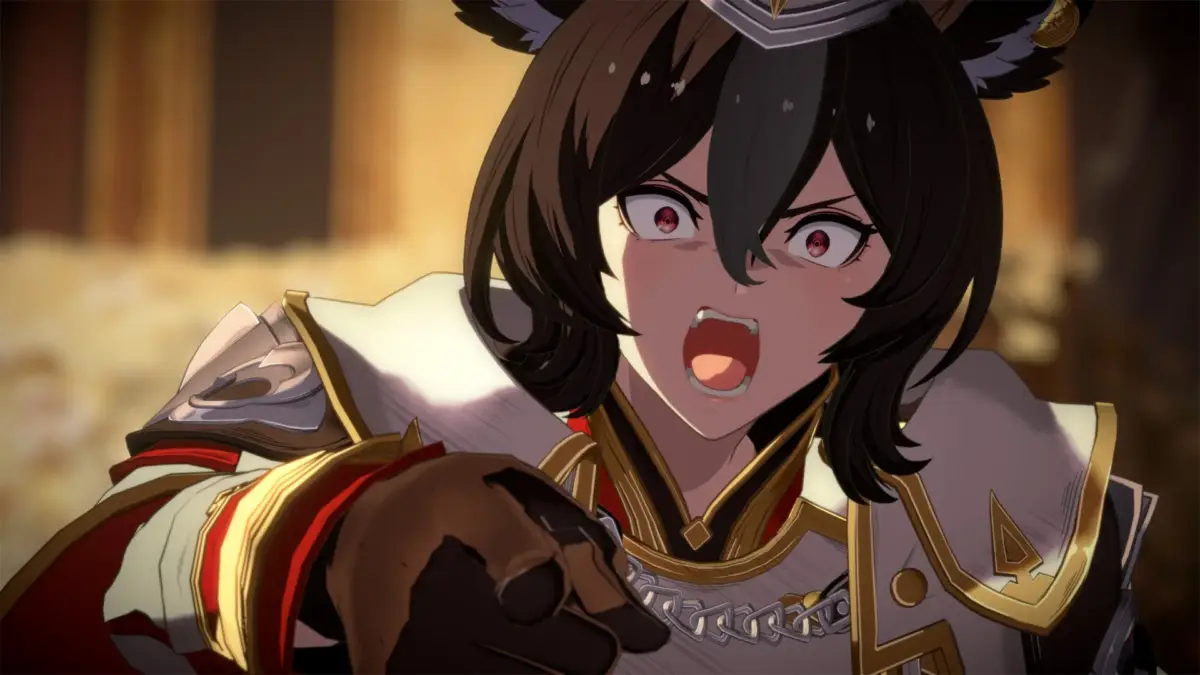 獣耳と鎧を身につけたアニメ調の少女が、怒りに満ちた表情で口を開け、赤い目を大きく見開いて指を指している瞬間を捉えた画像