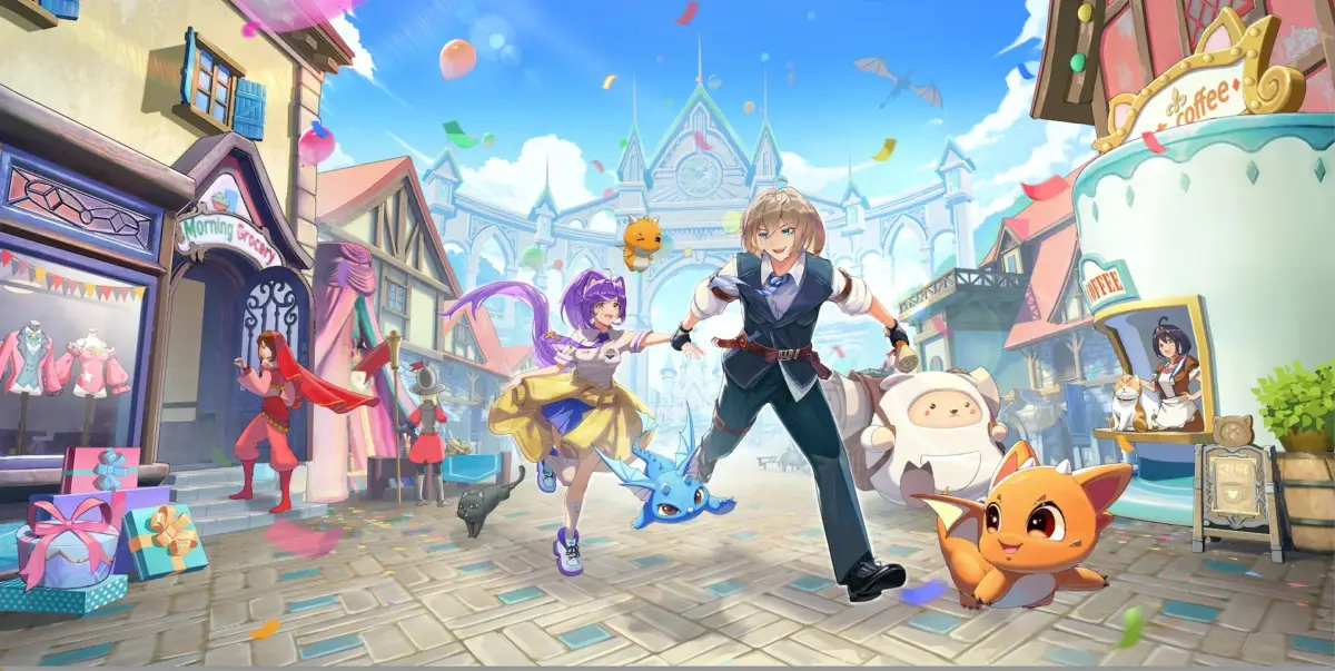 ファンタジーの世界の賑やかな街並みで、男女のキャラクターと可愛らしいモンスターたちが楽しそうに駆け回っています