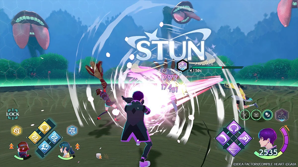 ビデオゲームの戦闘画面です。複数のキャラクターが巨大な口のような敵を攻撃しており、「STUN」の文字とダメージ数値が大きく表示されています。キャラクターのポートレートやスキルアイコンなど、ゲームのユーザーインターフェースも確認できます。