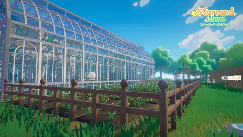 青い空の下、広々とした温室と手入れされた畑が広がるのどかな風景です。白いフェンスが畑を囲み、奥には木々が見えます。ゲームのようなグラフィックで、穏やかな自然の雰囲気が伝わってきます。