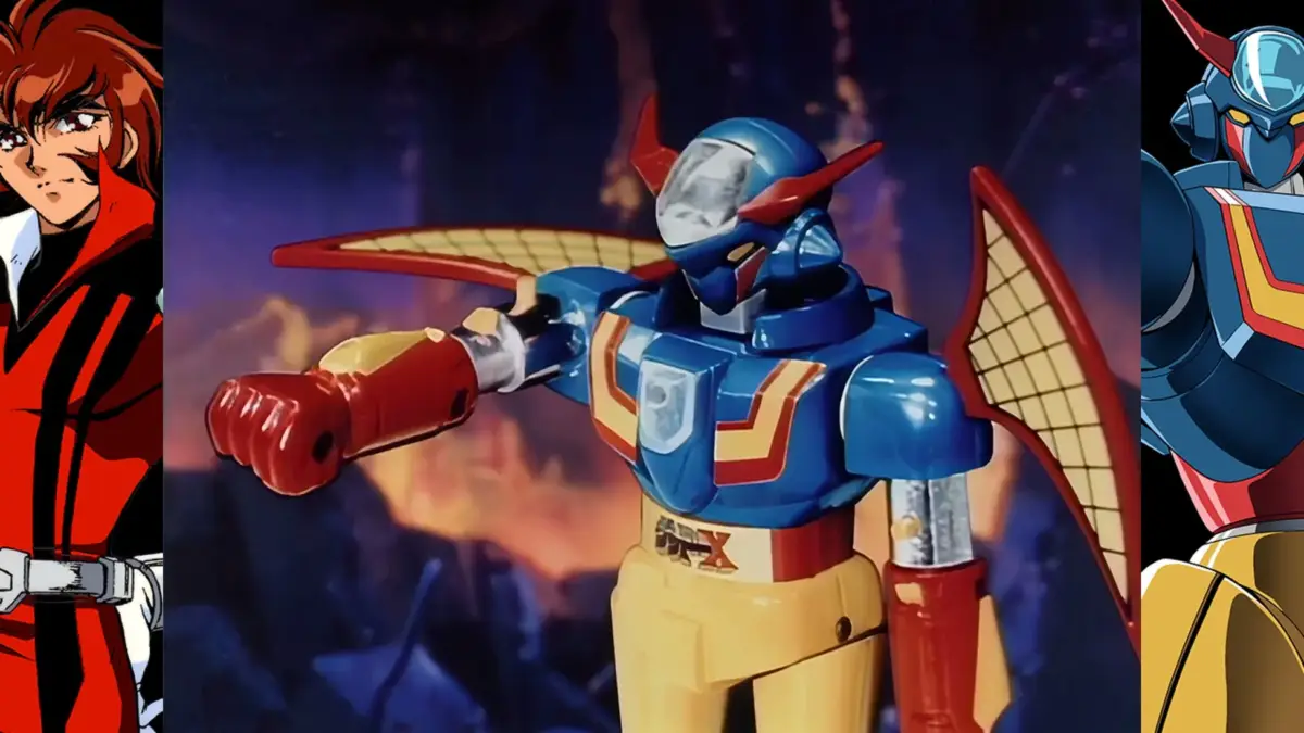 超電磁ロボ コン・バトラーVの玩具を中心に、アニメキャラクターの葵豹馬とコン・バトラーVが描かれています。背景は戦闘シーンを思わせます。