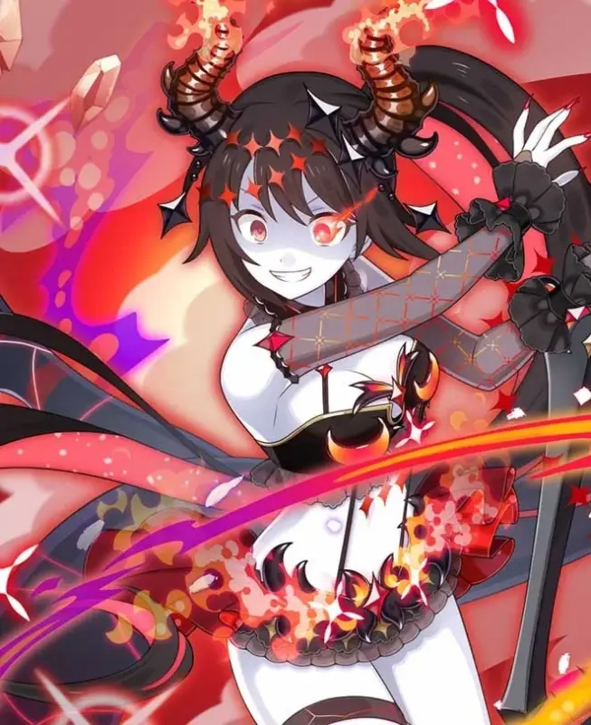 赤い瞳と炎の角を持つアニメ風の女性キャラクター