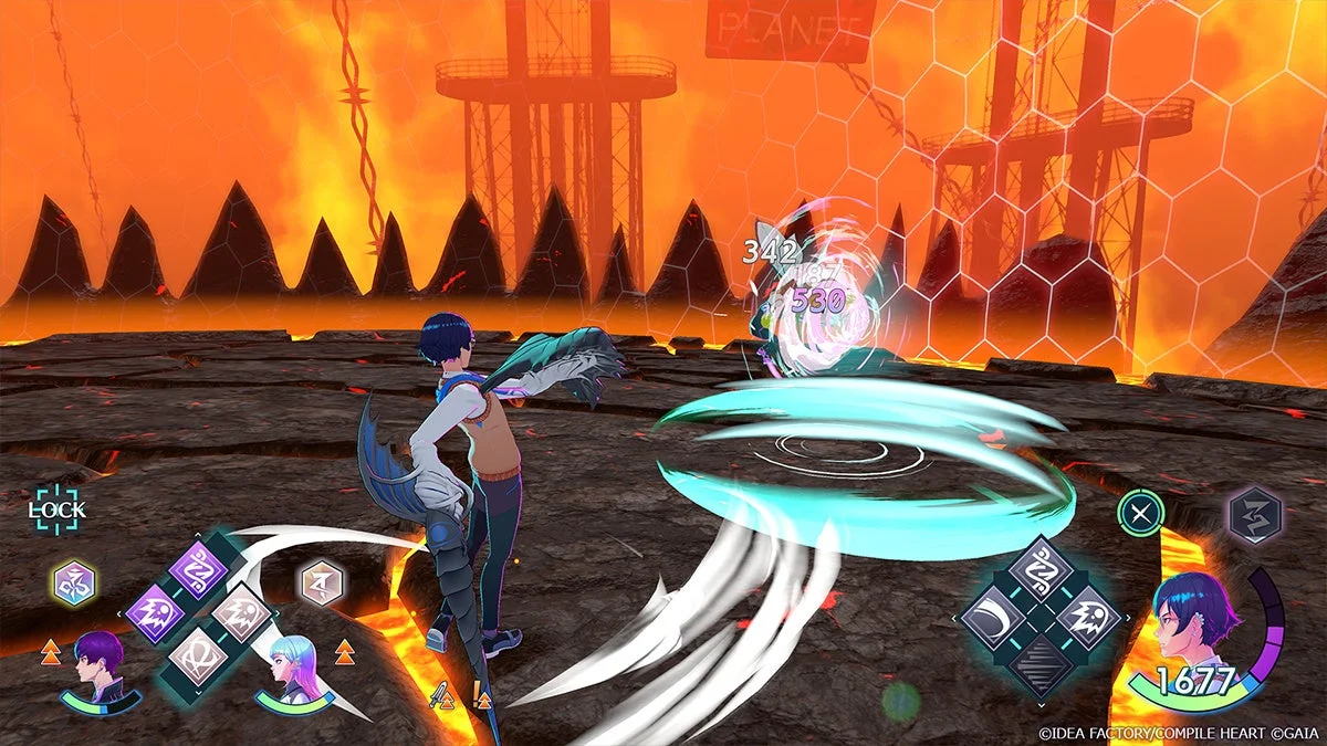 オレンジ色の溶岩が流れる荒廃したフィールドで、青い髪のキャラクターが敵と戦闘しているゲーム画面です。画面にはスキルアイコンやダメージ表示、HPゲージなどのUIが表示されており、激しいアクションが展開されています。