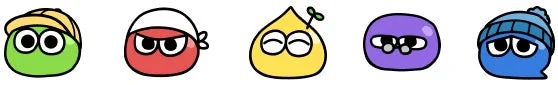 異なる色と個性的な装飾を施された5匹の可愛らしい丸いキャラクターが並んでいます