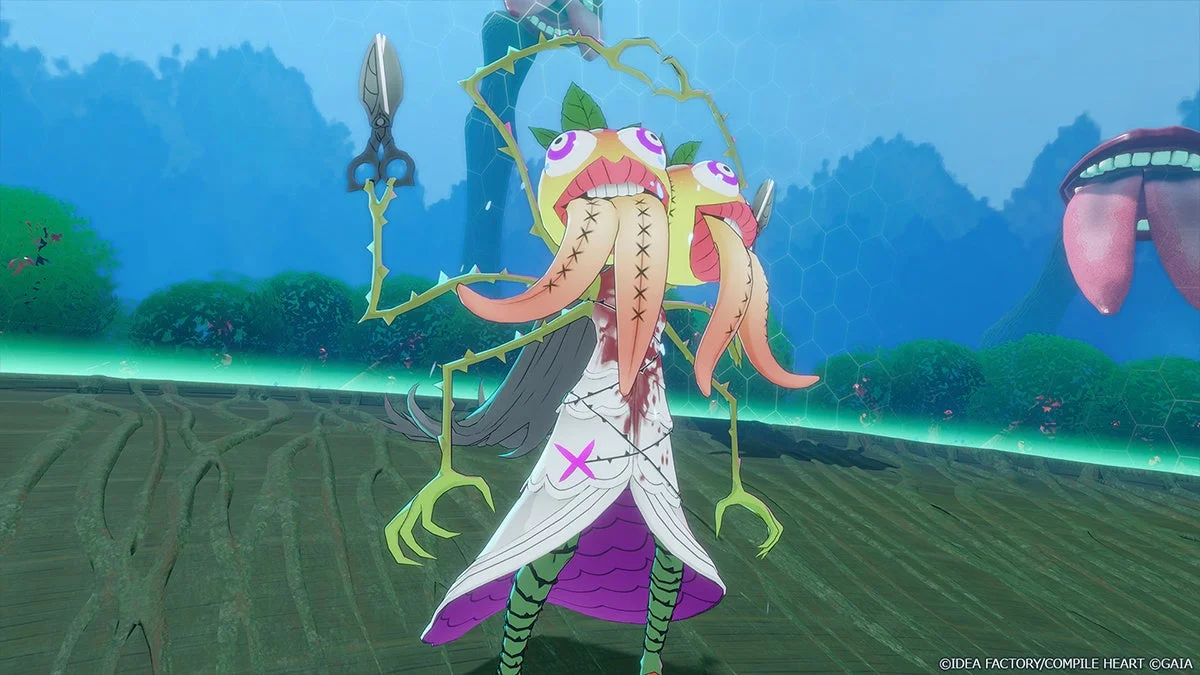 奇妙な植物のようなキャラクターが中央に立つ画像。黄色い口のような頭部と複数の触手、とげのあるツルで構成されており、白いドレスには血痕とピンクのXマークが見える。背景には青い空と山、そして別の口のようなオブジェがある。