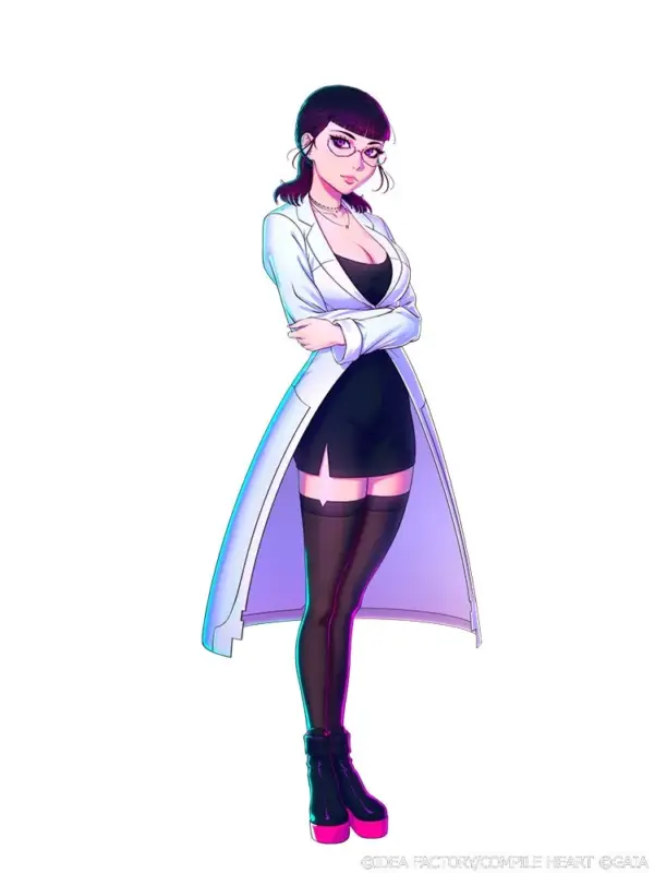 白衣を羽織った黒髪の女性キャラクターが描かれたイラスト。眼鏡をかけ、ミニスカートと黒いサイハイソックスを着用し、腕を組んで立っています。セクシーさと知的な雰囲気を併せ持つデザインです。